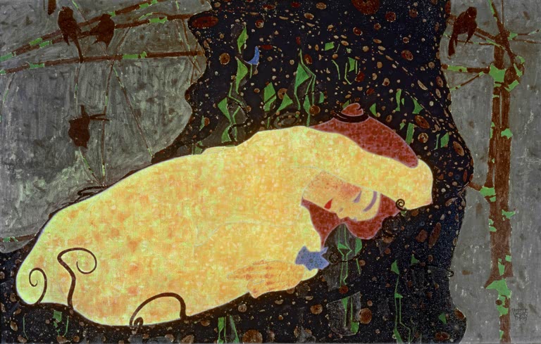 Schlafende Frau in goldgelbem Gewand auf dunklem Grund mit grünen Punkten – Egon Schiele Danae Kunstkopie