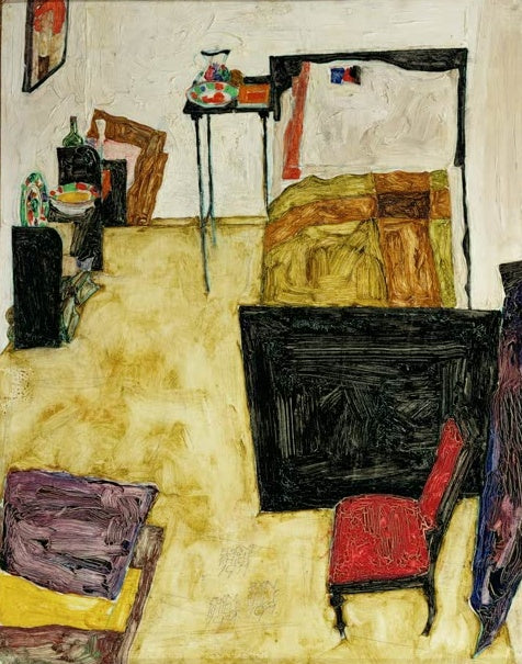 Zimmer mit Bett, schwarzem Tisch und rotem Stuhl auf gelbem Boden – Egon Schiele Das Zimmer des Künstlers Kunstkopie
