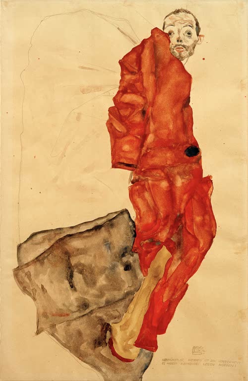 Mann im roten Anzug neben grauem Mantel – Egon Schiele Den Künstler hemmen ist ein Verbrechen Kunstkopie