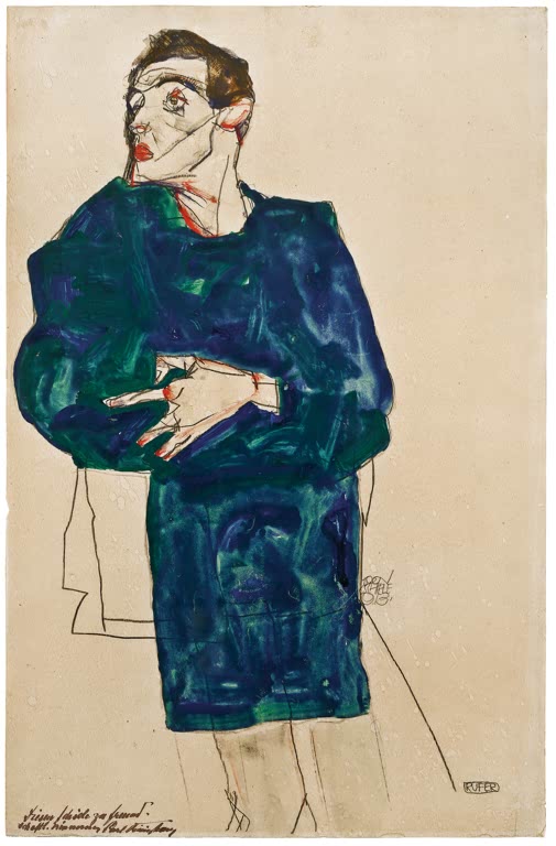 Mann in blauem Gewand mit verschränkten Händen und verzerrter Miene – Egon Schiele Der Anrufer Kunstkopie