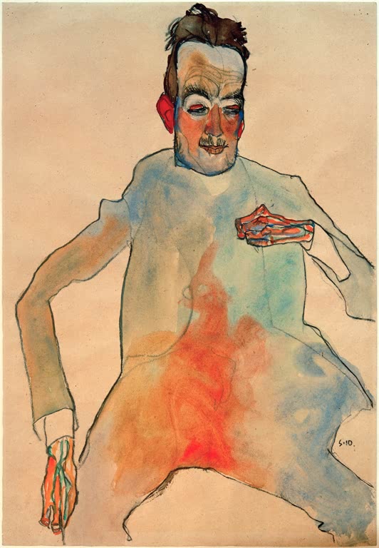 Mann mit Schnurrbart in hellblauem Gewand mit roten und blauen Farbverläufen – Egon Schiele Der Cello-Spieler Kunstkopie