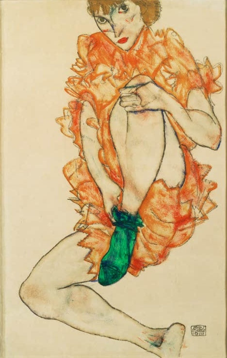Frau in orangen Rüschen zieht einen grünen Strumpf an – Egon Schiele Der grüne Strumpf Kunstkopie