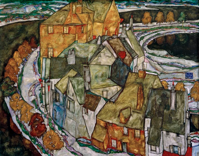 Dicht gedrängte Häuser auf einer von Wasser umflossenen Insel – Egon Schiele Der Häuserbogen Kunstkopie