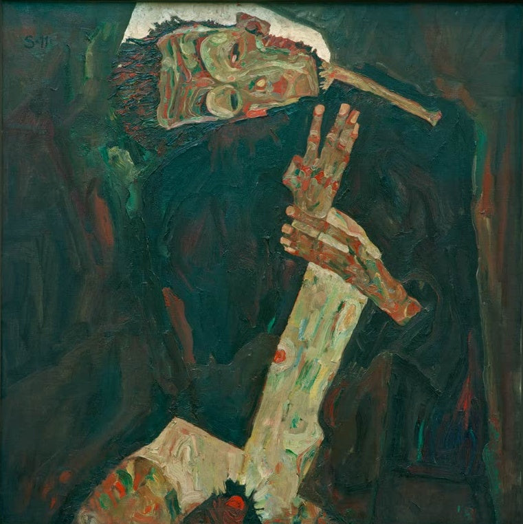 Mann in dunklem Gewand mit erhobener Hand vor dunkelgrünem Grund – Egon Schiele Der Lyriker Kunstkopie