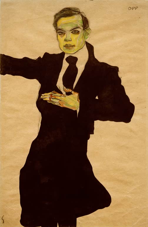 Mann im schwarzen Anzug mit grünlichem Gesicht – Egon Schiele Der Maler Max Oppenheimer, Kniestück Kunstkopie
