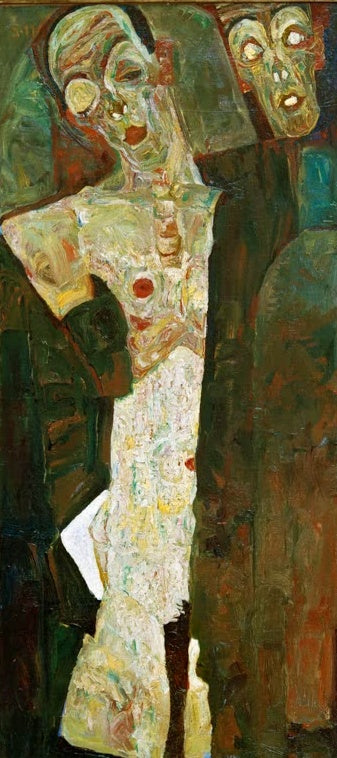 Egon Schiele Der Prophet Doppelselbstbildnis Kunstkopie, hagere Selbstbildnisfigur mit zweitem Gesicht vor grünem Grund