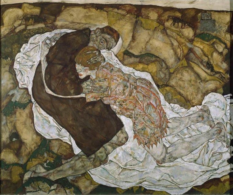 Umschlungenes Paar auf weißem Tuch vor felsigem Grund – Egon Schiele Der Tod und das Mädchen Kunstkopie