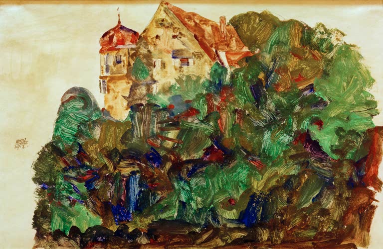 Schloss mit rotem Turm über dichtem grünem Gebüsch – Egon Schiele Deuring-Schlößchen Kunstkopie
