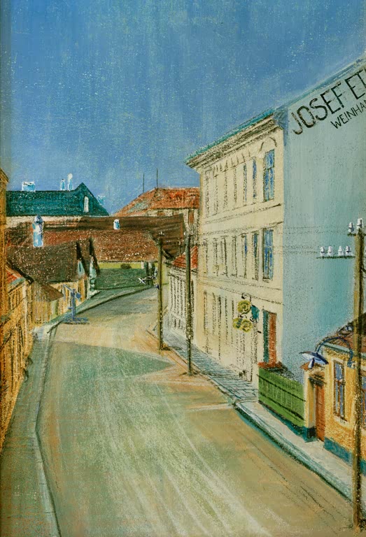 Straße mit hellen Häusern in einer Kleinstadt unter blauem Himmel – Egon Schiele Die Albrechtstraße Kunstkopie