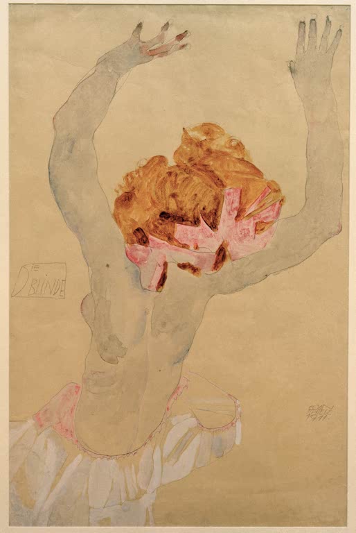 Egon Schiele Die Blinde Kunstkopie, Rückenansicht einer Tänzerin mit erhobenen Armen in zartem Aquarell