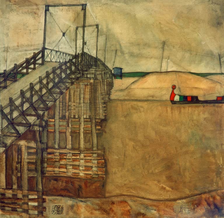 Egon Schiele Die Brücke Kunstkopie, hölzerne Zugbrücke vor sandfarbener Uferlandschaft mit buntem Kahn