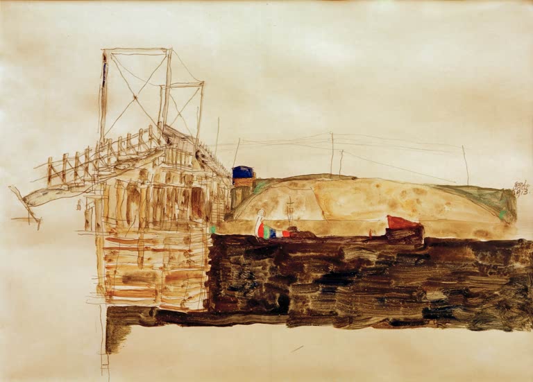 Hölzerne Brücke über einem Fluss mit braunem Ufer auf hellem Grund – Egon Schiele Die Brücke Kunstkopie