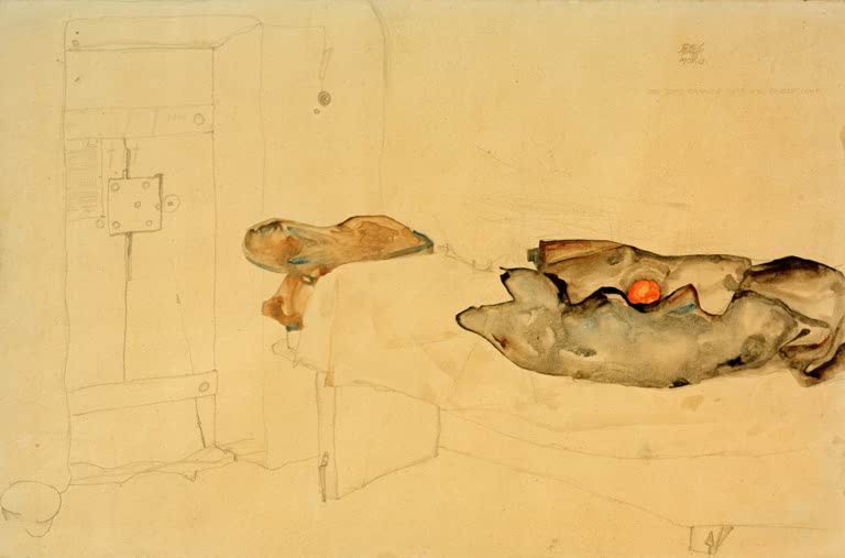 Dunkle Bettdecke mit oranger Frucht vor hellem Papier – Egon Schiele Die eine Orange war das einzige Licht Kunstkopie