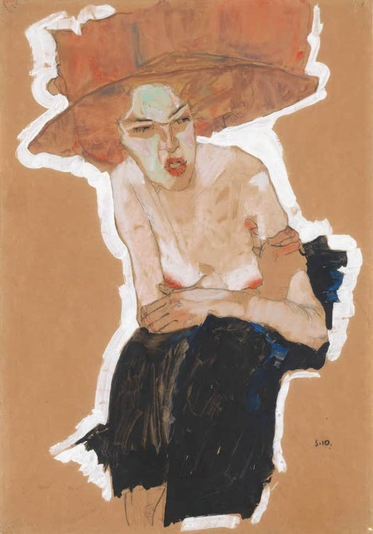 Frau mit großem rotbraunem Hut, verschränkten Armen und schwarzem Rock – Egon Schiele Die Hämische Kunstkopie