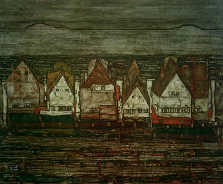 Reihe weißer Giebelhäuser vor grauem Himmel und dunklem Wasser – Egon Schiele Die Häuser am Meer (Häuserreihe) Kunstkopie