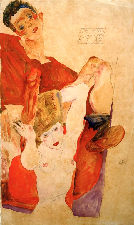 Mann in rotem Gewand und nackte Frau mit hellem Haar in enger Umarmung – Egon Schiele Die rote Hostie Kunstkopie