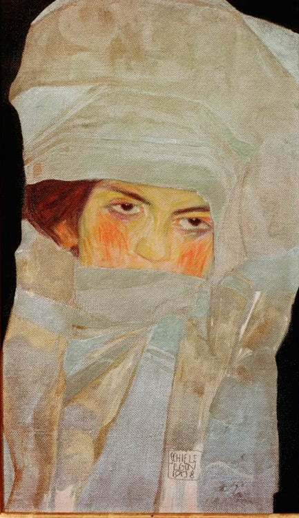 Egon Schiele Melanie mit silberfarbenen Tüchern Kunstkopie, junges Gesicht in grauem Kopftuch mit orangeroten Wangen