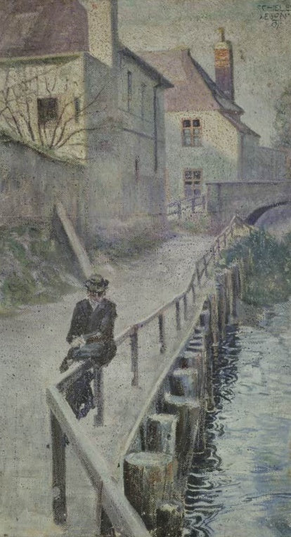 Gasse mit Häusern am Bach, ein Mann lehnt am Geländer – Egon Schiele Die Stolpeckgasse in Klosterneuburg Kunstkopie