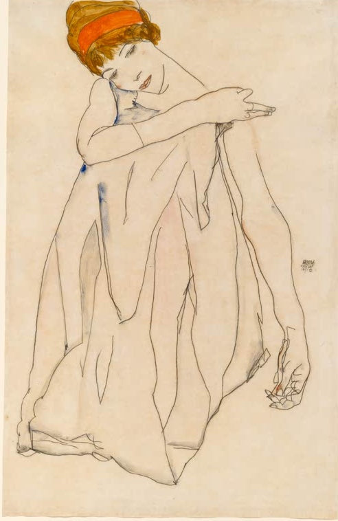 Sitzende Frau mit orangem Haarband, den Kopf auf den Arm gelegt – Egon Schiele Die Tänzerin Kunstkopie