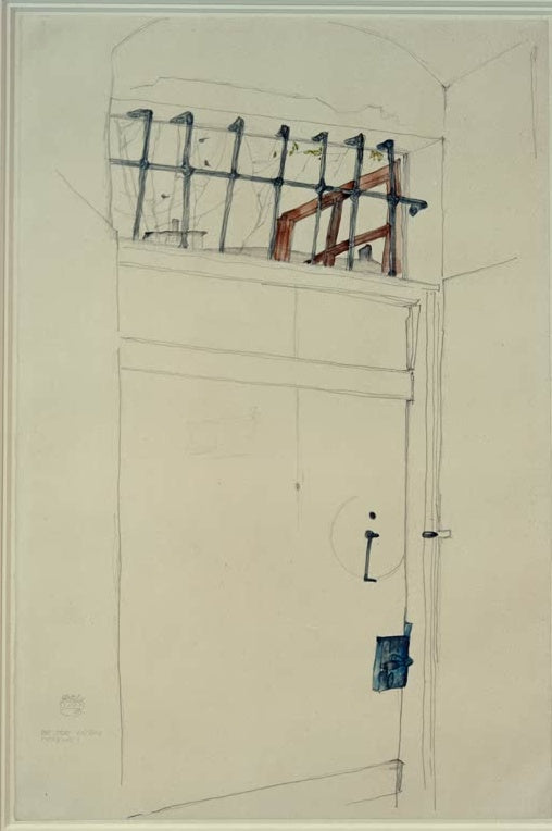 Zellentür mit vergittertem Fenster oben, zart gezeichnet und aquarelliert – Egon Schiele Die Tür in das Offene Kunstkopie