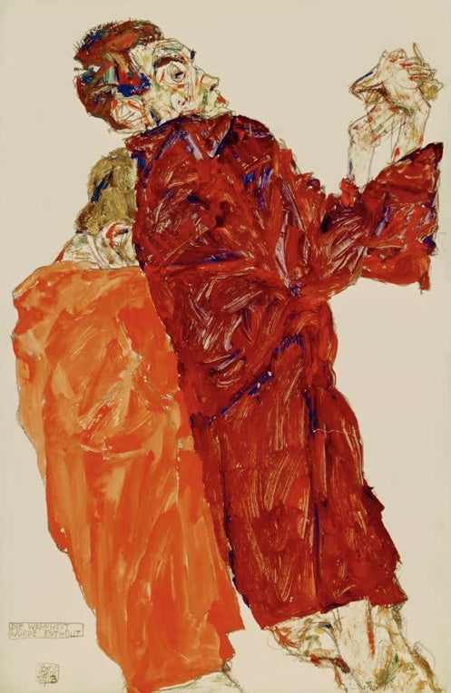Mann im roten Mantel mit erhobener Hand, daneben eine orange Gestalt – Egon Schiele Die Wahrheit enthüllt Kunstkopie