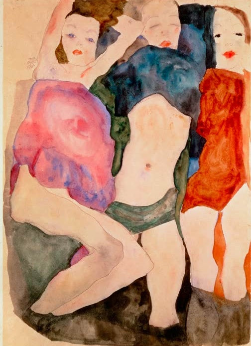 Drei Mädchen dicht beieinander in rosa, blauen und roten Gewändern – Egon Schiele Drei Mädchen Kunstkopie