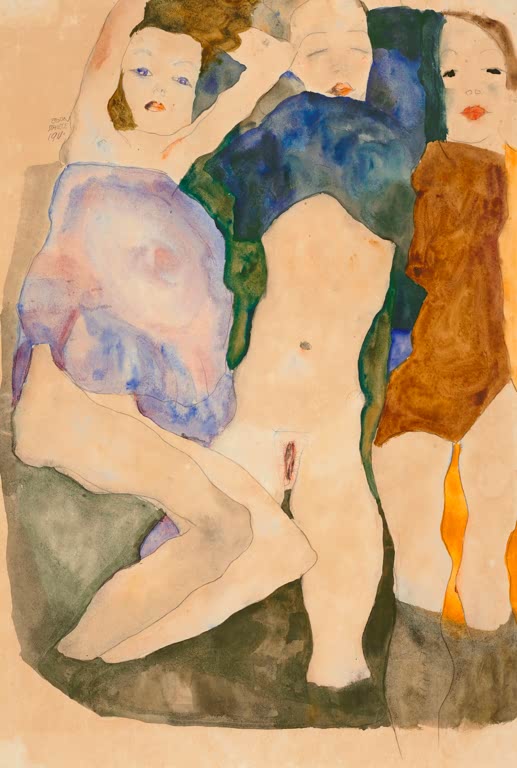 Drei Mädchen in farbigen Gewändern dicht beieinander – Egon Schiele Drei Mädchen Kunstkopie