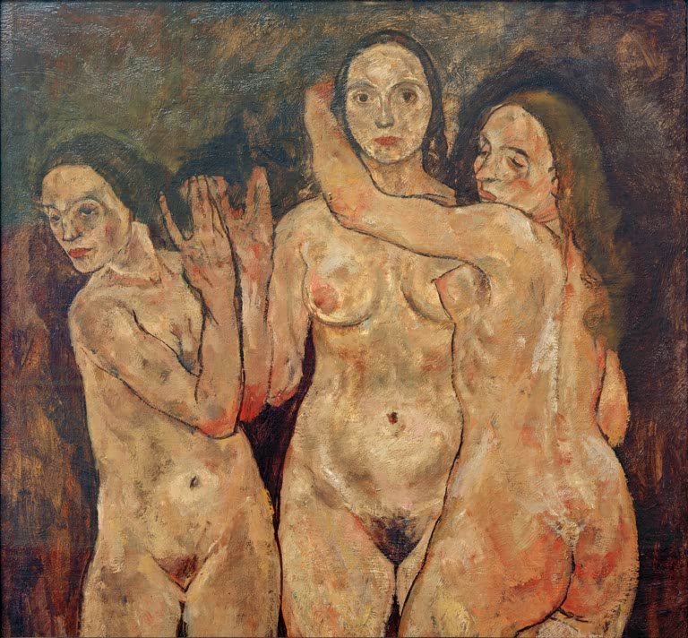 Drei nackte Frauen eng beieinander vor dunklem Grund – Egon Schiele Drei stehende Frauen Kunstkopie