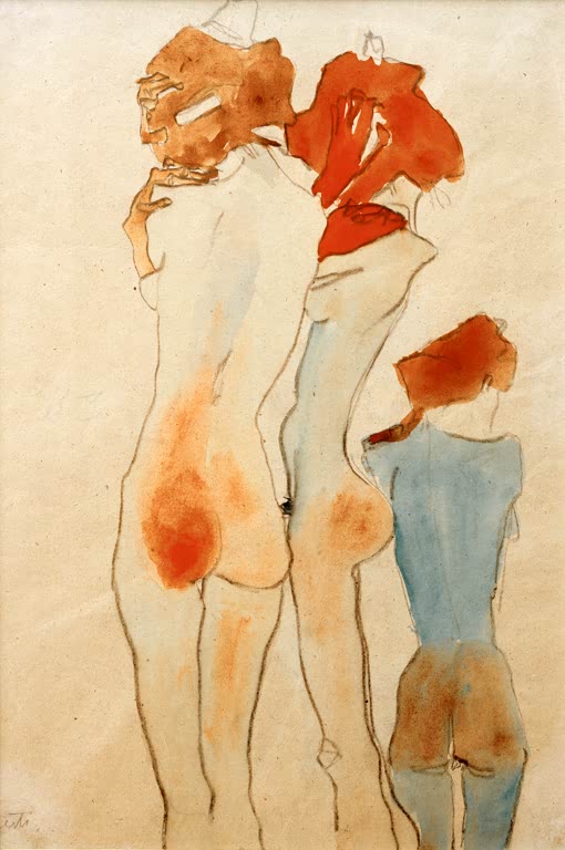 Drei Frauen als Rückenakte in orangen, roten und blauen Tönen – Egon Schiele Drei weibliche Akte Kunstkopie