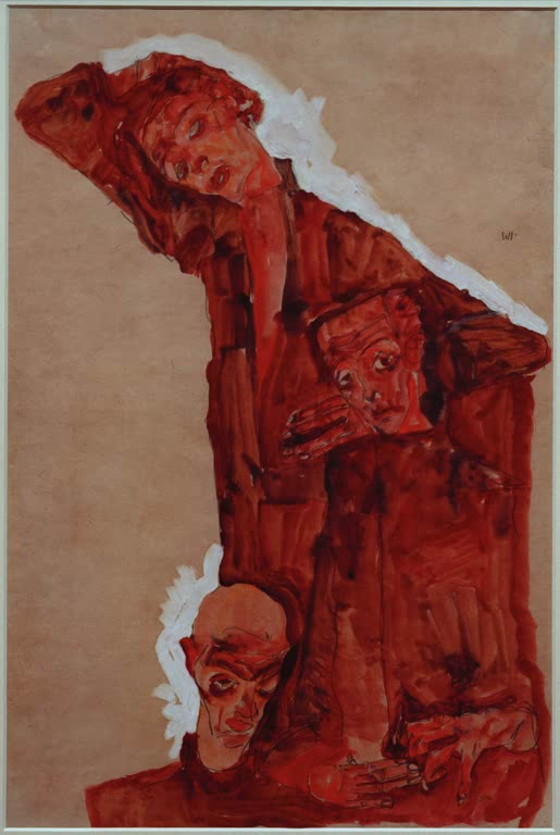 Mehrfaches Selbstbildnis in tiefem Rot auf braunem Grund – Egon Schiele Dreifache Selbstdarstellung Kunstkopie