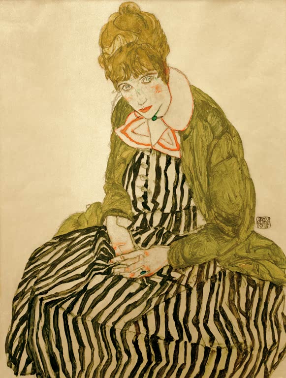Frau in grünem Mantel und gestreiftem Kleid mit Spitzenkragen – Egon Schiele Edith Schiele in gestreiftem Kleid Kunstkopie