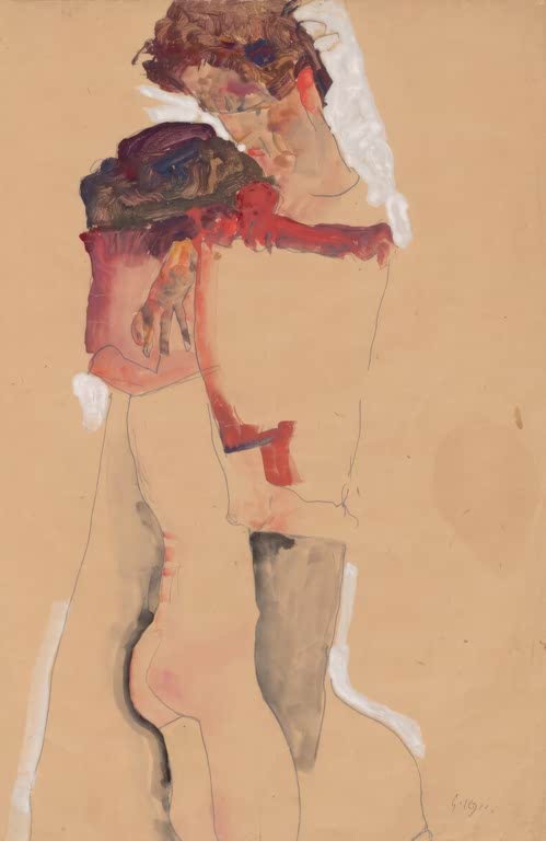 Zwei eng umschlungene Gestalten mit rotem und violettem Haar auf braunem Papier – Egon Schiele Eifersucht Kunstkopie