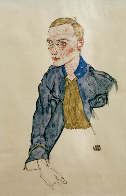 Junger Soldat mit Brille in blauer Jacke vor hellem Grund – Egon Schiele Einjährig freiwilliger Gefreiter Kunstkopie