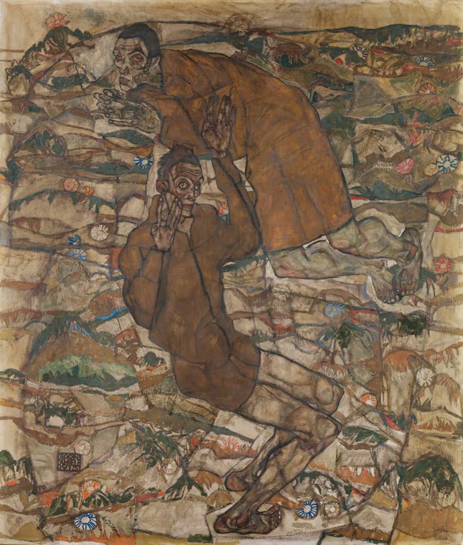 Zwei verschlungene Gestalten in braunen Gewändern in einer Berglandschaft – Egon Schiele Entschwebung Kunstkopie