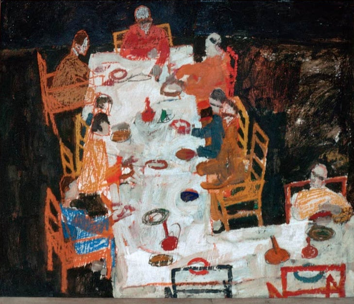 Tafelrunde mit Personen auf orangen Stühlen – Egon Schiele Entwurf für ein Gruppenporträt Kunstkopie