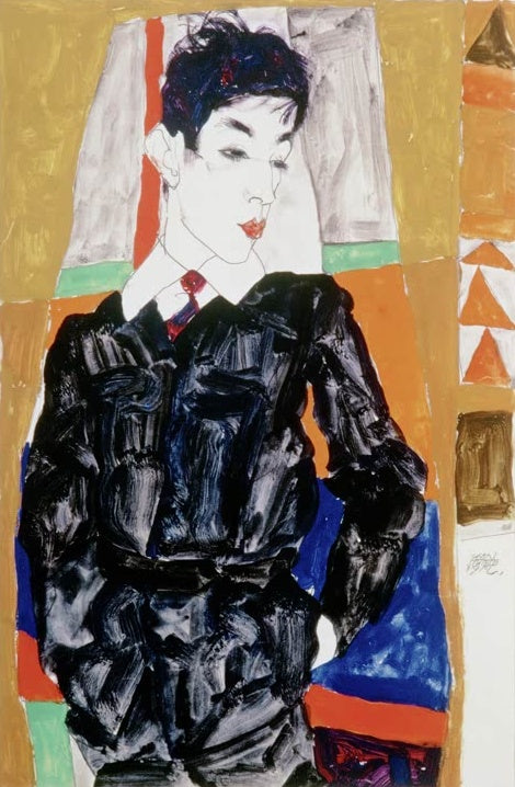 Junger Mann in dunkler Jacke vor bunten Flächen – Egon Schiele Erich Lederer vor einem Fenster Kunstkopie