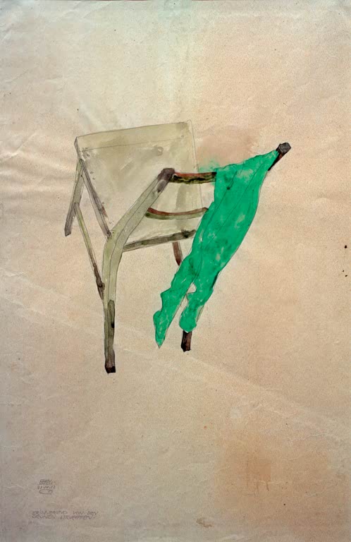 Stuhl mit grünem Tuch über der Lehne auf hellem Papier – Egon Schiele Erinnerung von den grünen Strümpfen Kunstkopie