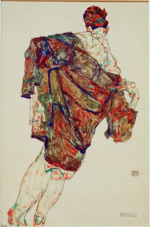 Mann von hinten in einem rot gemusterten, fließenden Gewand – Egon Schiele Erlösung Kunstkopie