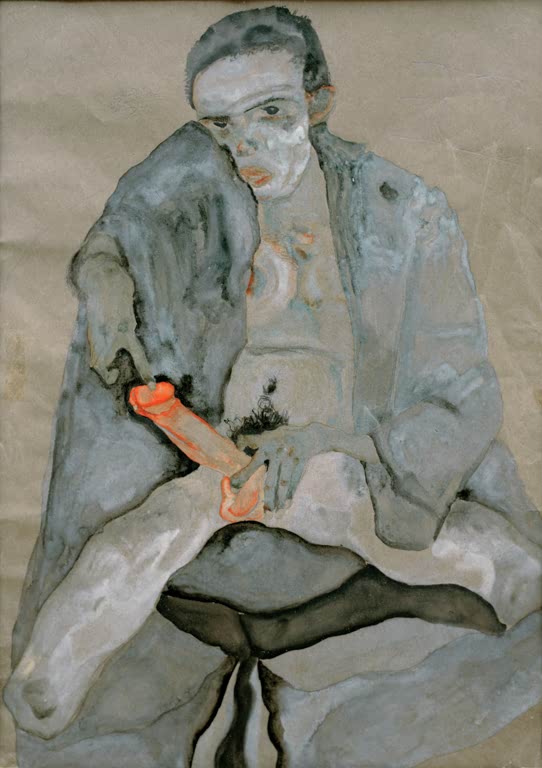 Nackter Mann in grauem Mantel, sitzend, in kühlen Grautönen – Egon Schiele Eros Kunstkopie