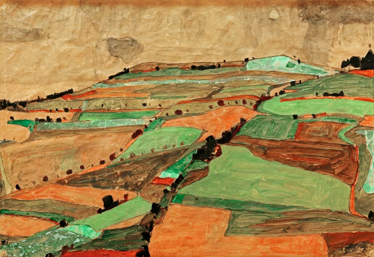 Hügelige Felderlandschaft mit grünen und orangen Parzellen – Egon Schiele Felderlandschaft Kunstkopie