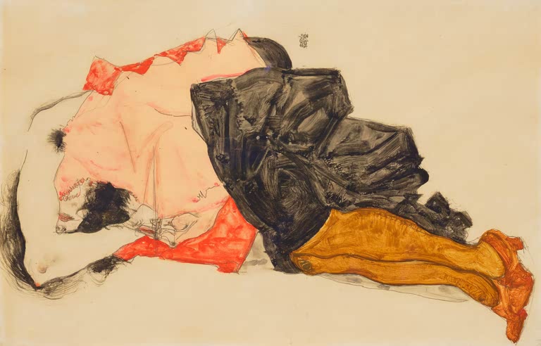 Liegende Frau in rosa Oberteil und orangen Strümpfen, schwarzer Rock – Egon Schiele Frau, die ihr Gesicht verbirgt Kunstkopie