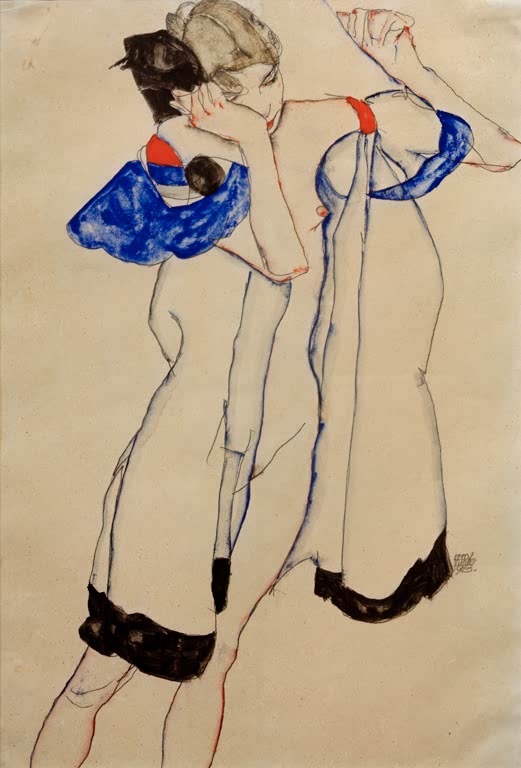 Zwei Frauen in hellen Hemdkleidern mit blauen Schultertüchern von hinten – Egon Schiele Frau im Morgenrock Kunstkopie
