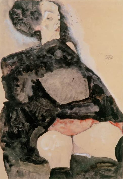 Frau in schwarzem Gewand mit rosa Unterrock, Kopf zur Seite gedreht – Egon Schiele Frau in Schwarz Kunstkopie