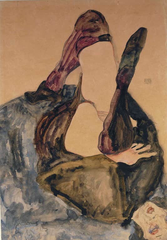 Liegende Frau mit erhobenen Beinen in violetten Strümpfen – Egon Schiele Frau mit erhobenem Bein Kunstkopie