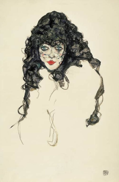 Frauenkopf mit dichten schwarzen Locken und rot geschminkten Lippen – Egon Schiele Frau mit schwarzem Haar Kunstkopie