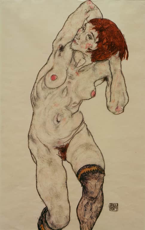 Stehende Frau mit rotem Haar, Arme über dem Kopf, schwarze Strümpfe – Egon Schiele Frau mit schwarzen Socken Kunstkopie
