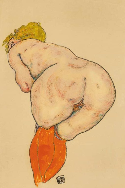 Vornübergebeugte Frau mit blondem Haar und orangefarbenen Strümpfen – Egon Schiele Frau von hinten Kunstkopie