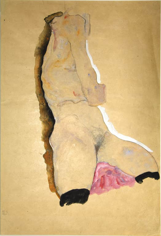 Weiblicher Torso in Ocker und Rosa mit schwarzen Strümpfen vor goldbraunem Grund – Egon Schiele Frauentorso Kunstkopie
