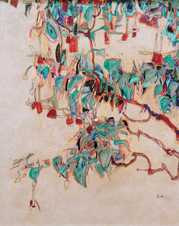 Hängende Zweige mit türkisfarbenen Blättern und roten Früchten – Egon Schiele Fuchsienzweige Kunstkopie