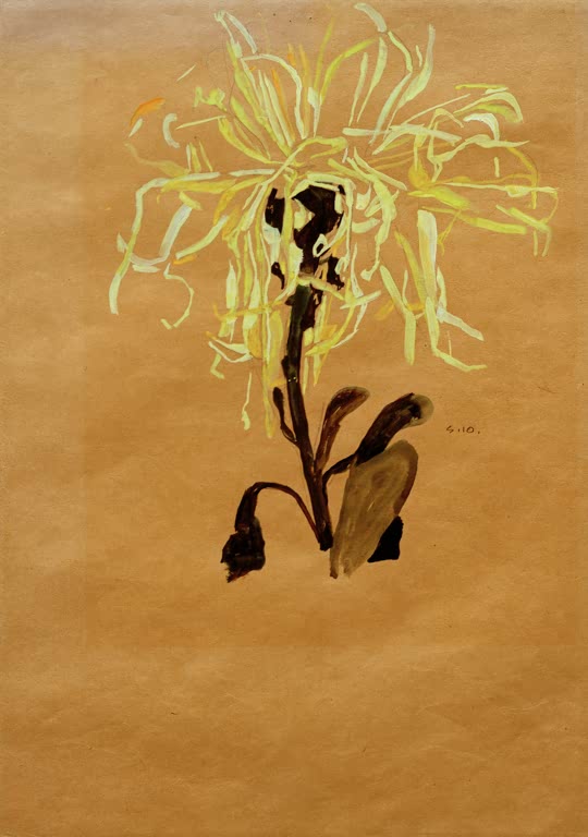 Gelbe Chrysantheme mit feinen Blütenblättern auf braunem Papier – Egon Schiele Gelbe Chrysantheme Kunstkopie